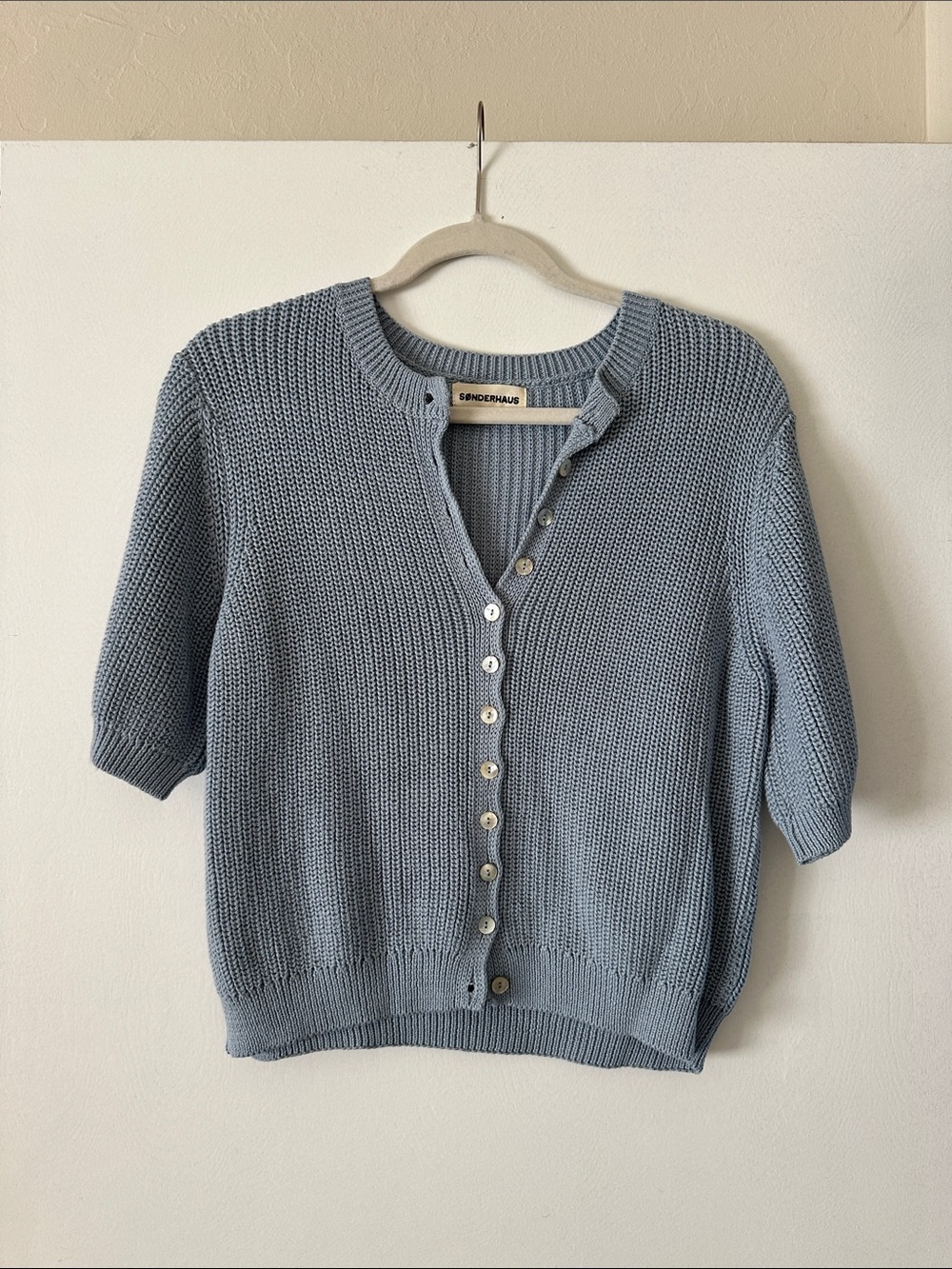 NWOT Sonderhaus Light Blue Short-Sleeve Button-Front Knit Cardigan